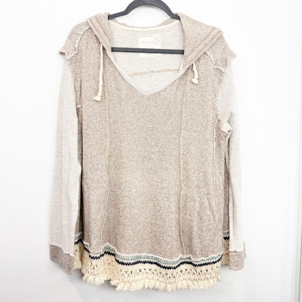 Free People We The Free Beige Pullover Knit Fringe Hooded Sweater Size Medium